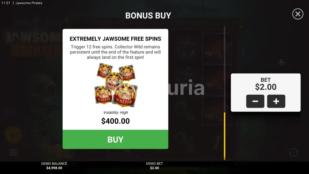 Pantalla de compra de bono en Jawsome Pirates de Hacksaw Gaming