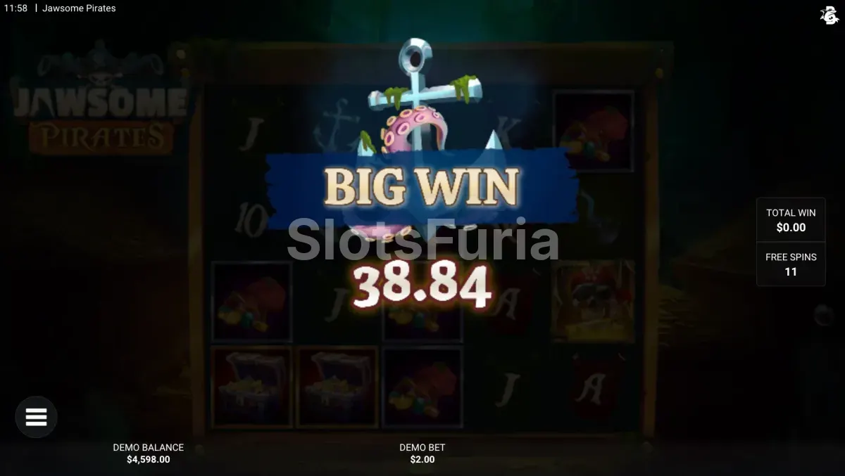 Gran victoria en Jawsome Pirates mostrando el potencial máximo de ganancias