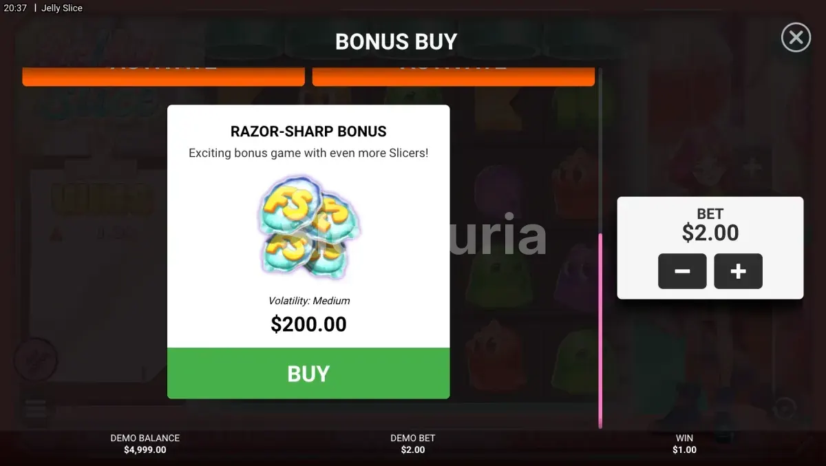 Menú de compra de bonus de Jelly Slice con las diferentes opciones disponibles