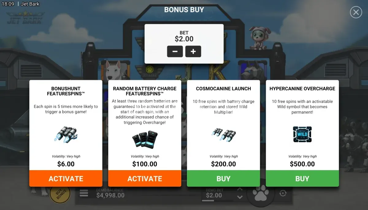 Pantalla de compra de bonus en Jet Bark