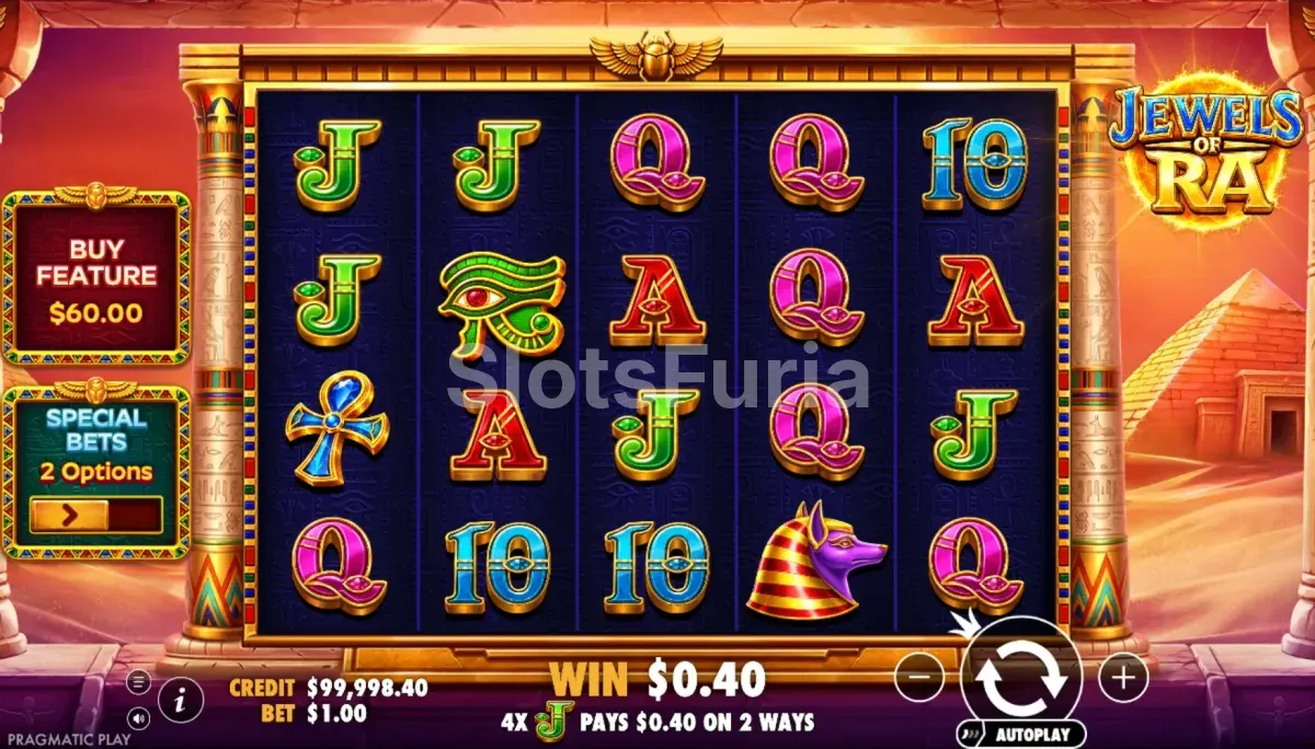 Juego base de Jewels of Ra con la cuadrícula de 5x4