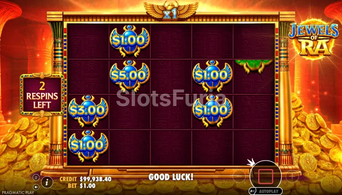 Función RESPIN de Jewels of Ra con símbolos MONEY fijos