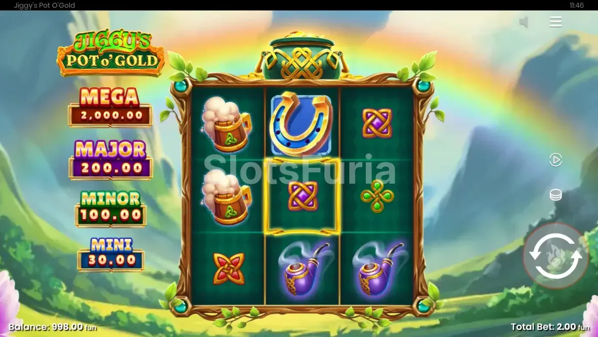 Base game de Jiggy's Pot O'Gold con símbolos de monedas y tréboles