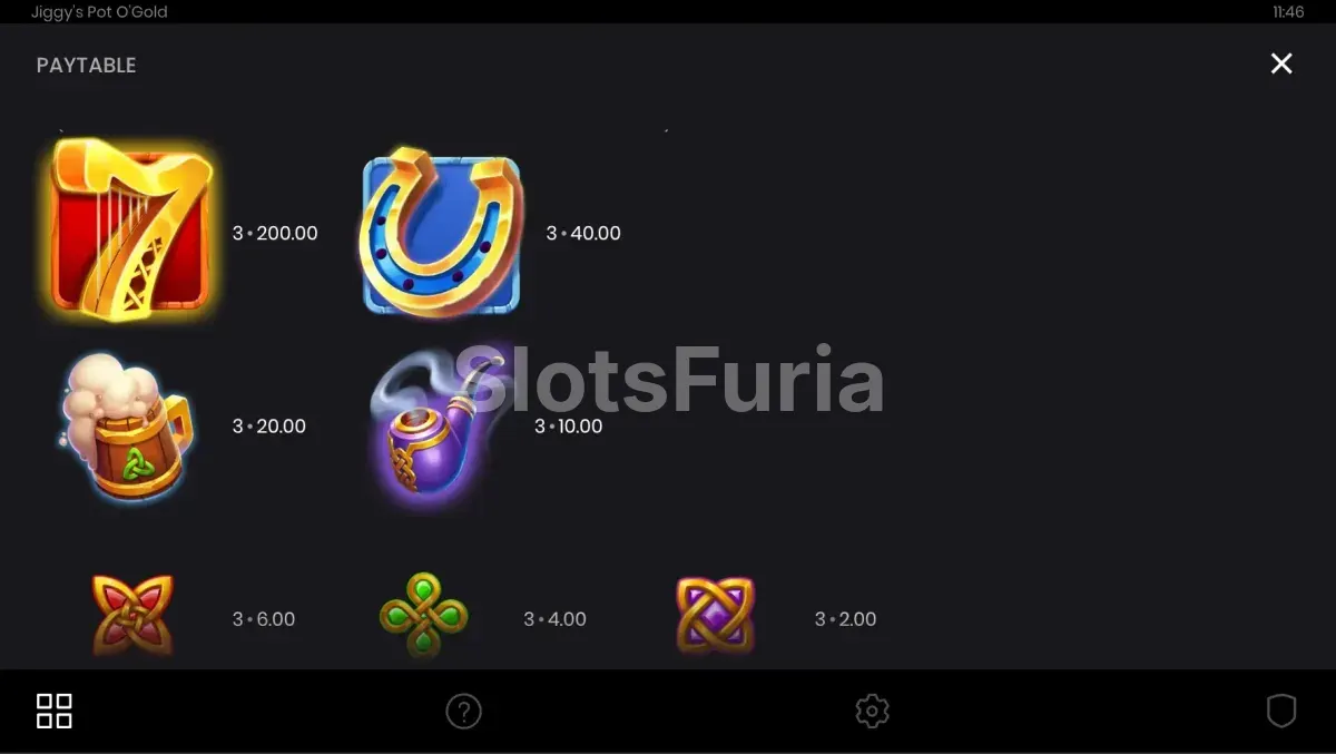 Tabla de pagos de Jiggy's Pot O'Gold con jackpots y valores de monedas