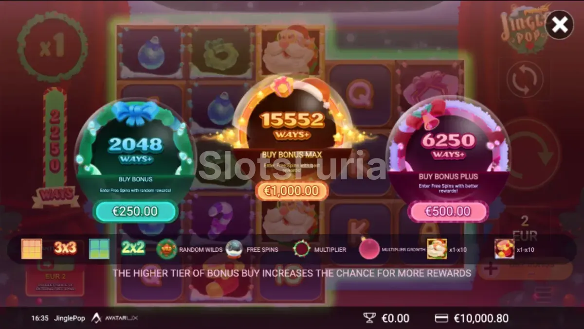 Pantalla de compra de bonus en JinglePop con opciones disponibles