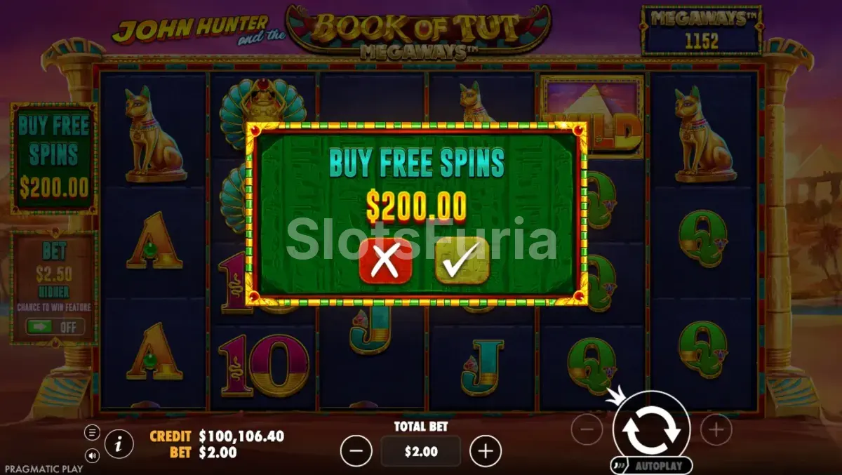Función de compra de bonus en John Hunter and the Book of Tut Megaways