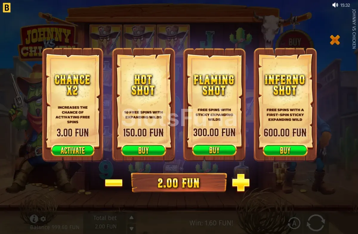 Menú de compra de bonos de Johnny vs Chicken con las tres opciones disponibles