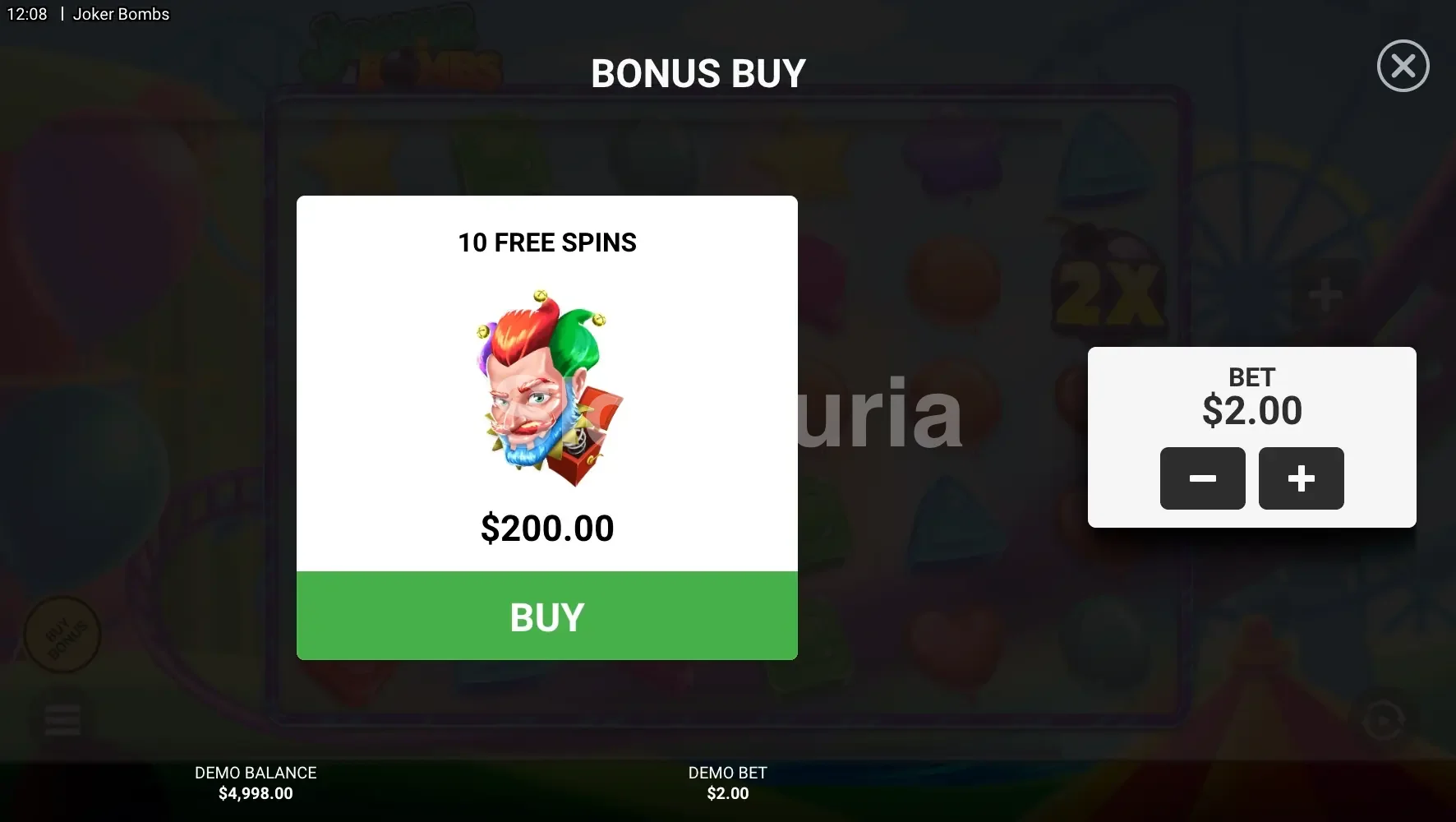 Pantalla de compra de bono en Joker Bombs