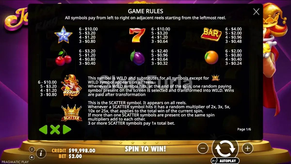 Tabla de pagos de Joker King con frutas, BAR, sietes y estrellas