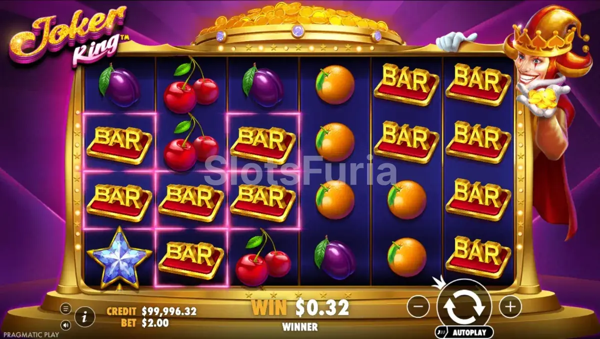 Joker King durante un giro con wilds y scatters en la grilla