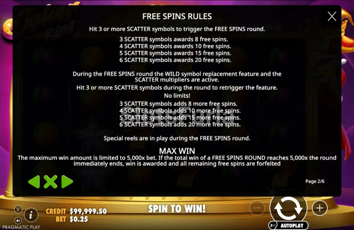 Reglas de los giros gratis de Joker King en la pantalla de ayuda