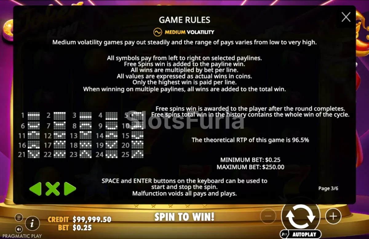 Reglas generales de Joker King con líneas de pago y apuestas