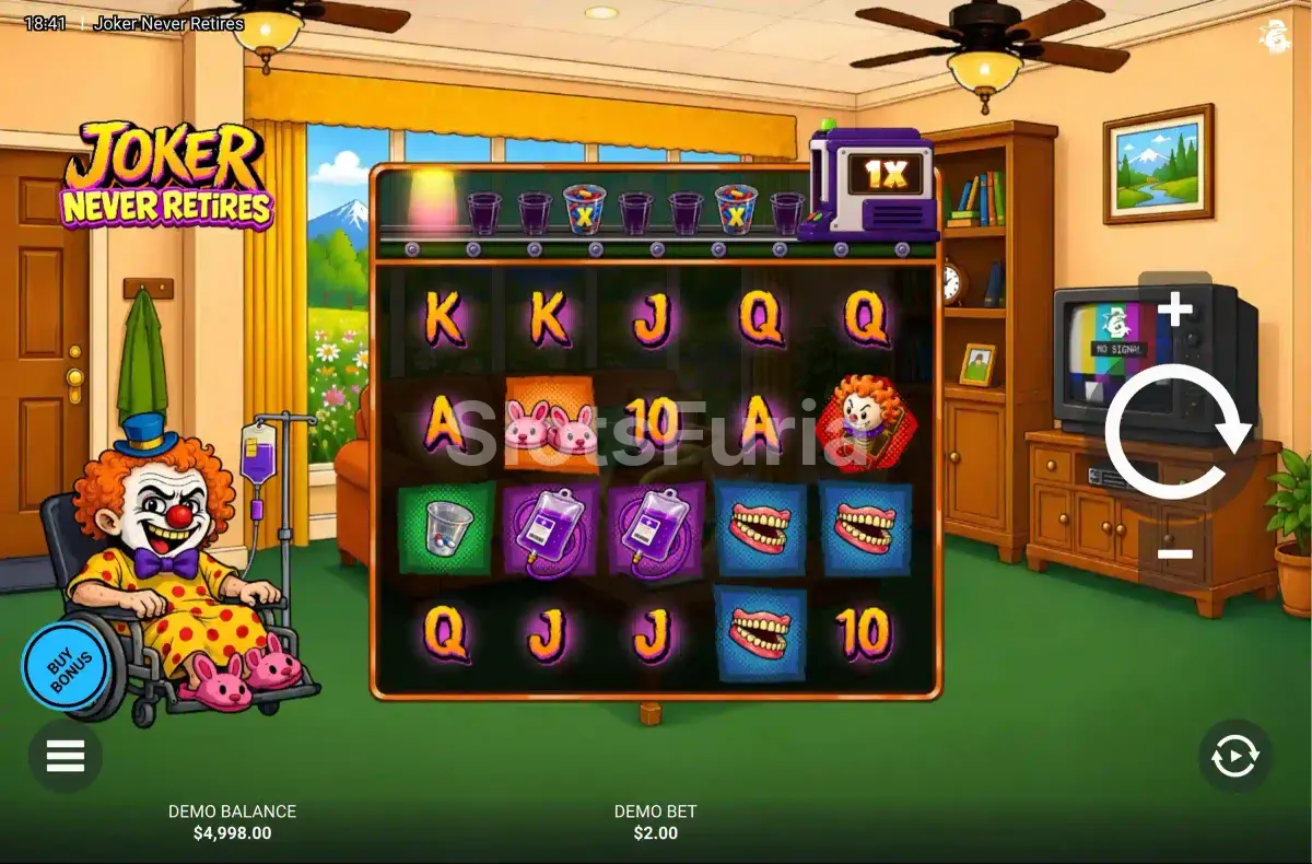 Juego base de Joker Never Retires con el payaso en silla de ruedas