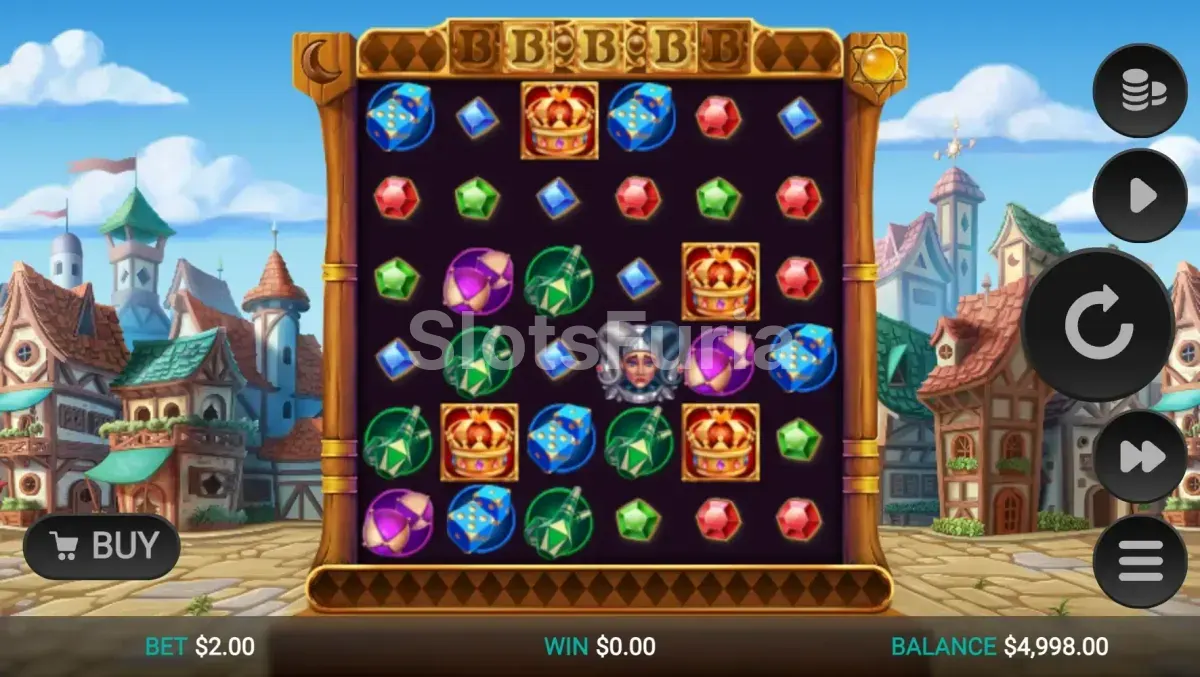 Pantalla principal del juego Joker Split con la cuadrícula 6x6 ambientada en una plaza medieval