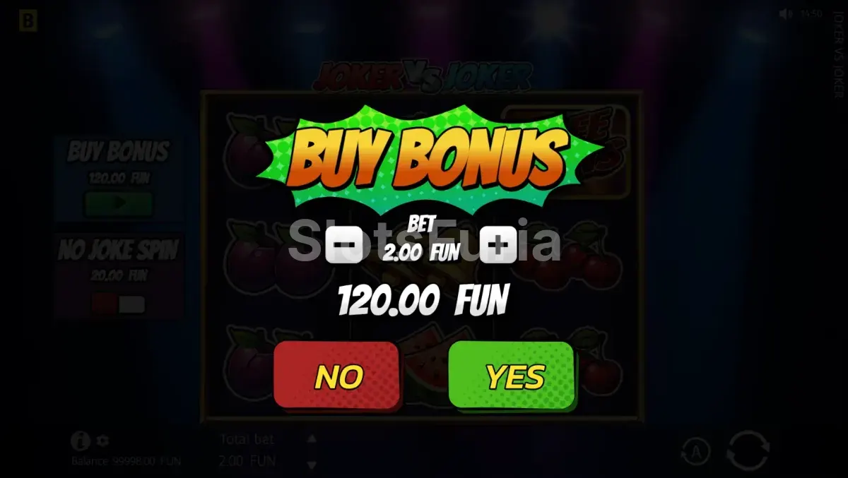 Pantalla de compra de bonus en Joker Vs Joker con las opciones disponibles