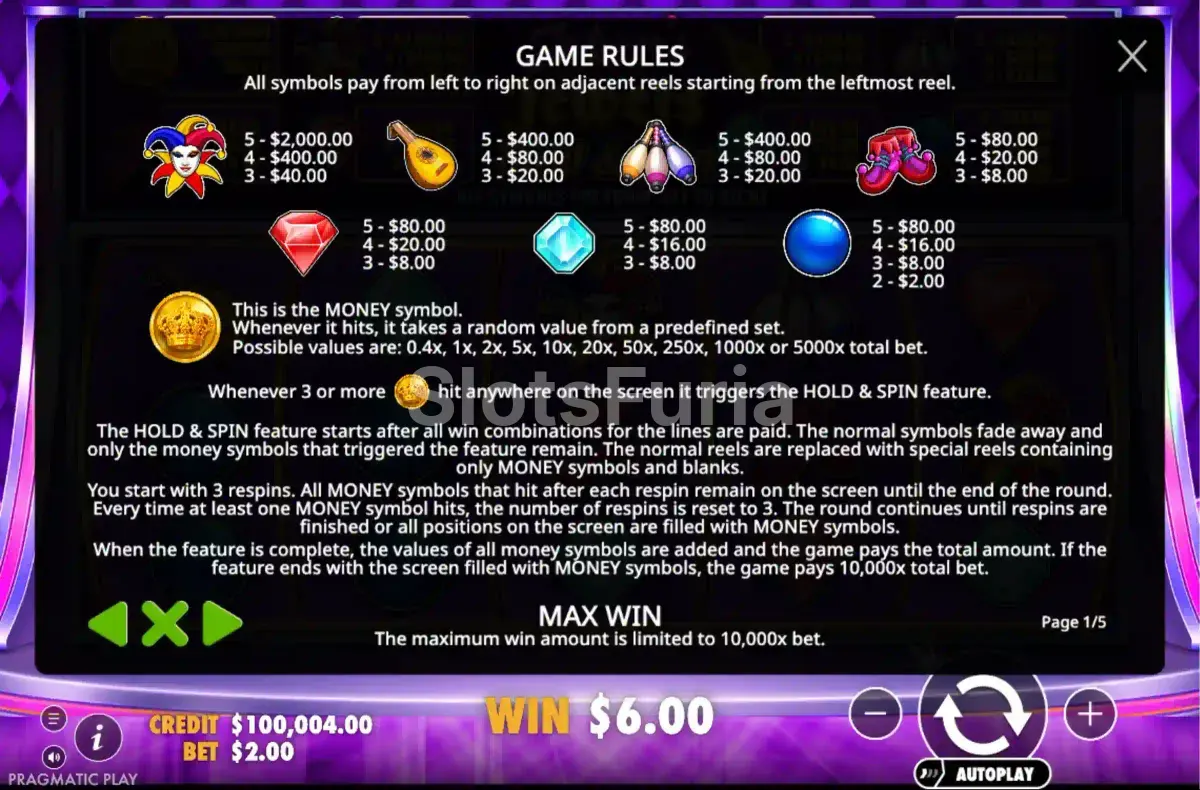 Tabla de pagos completa de Joker's Jewels Hold & Spin de Pragmatic Play