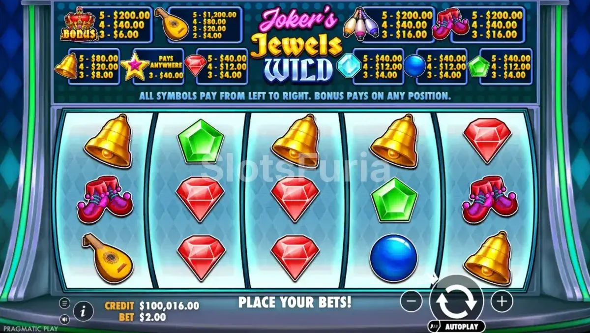Pantalla principal de Joker's Jewels Wild con los cinco carretes y sus símbolos clásicos