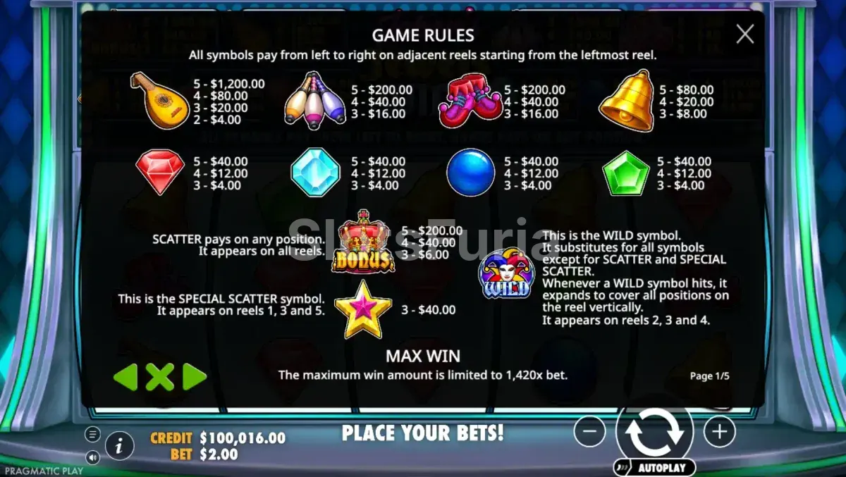 Tabla de pagos de Joker's Jewels Wild con todos los símbolos y sus valores