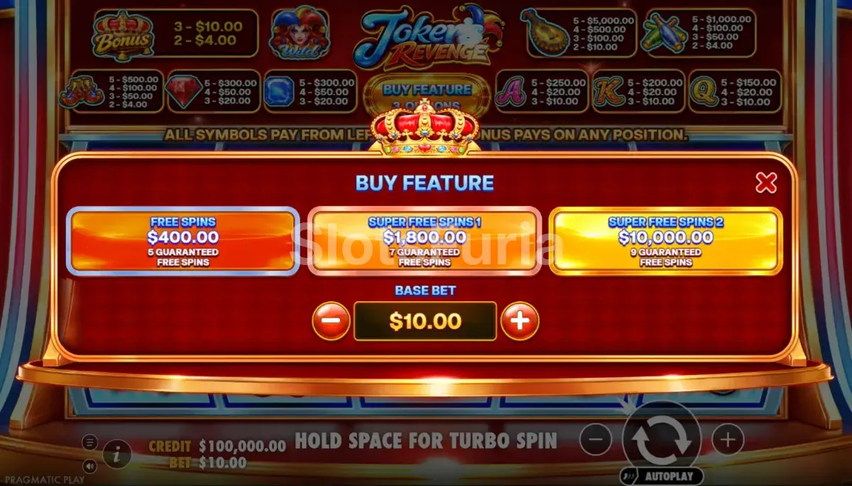 Menú de compra de bonus en Joker's Revenge con tres opciones disponibles