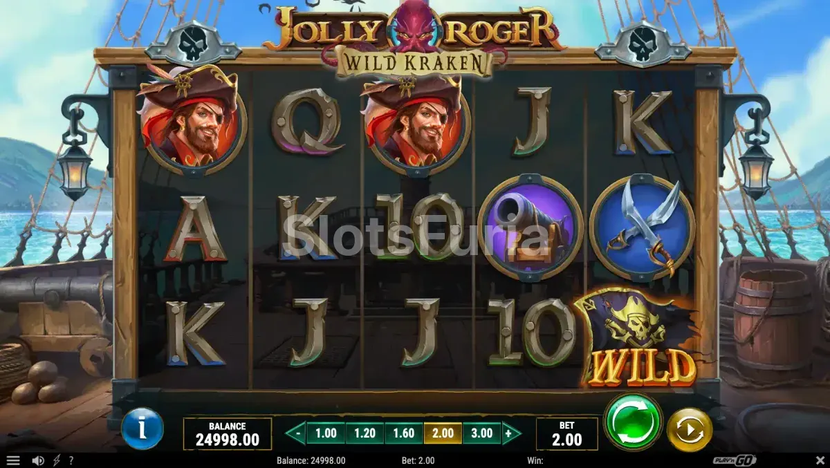 Pantalla principal del juego Jolly Roger Wild Kraken con piratas en cubierta