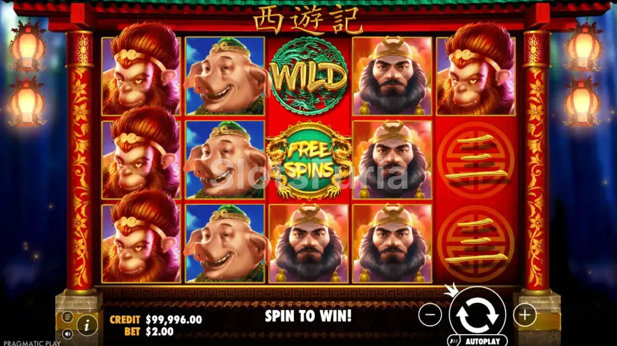 Vista del juego base de Journey to the West con los rodillos y símbolos orientales
