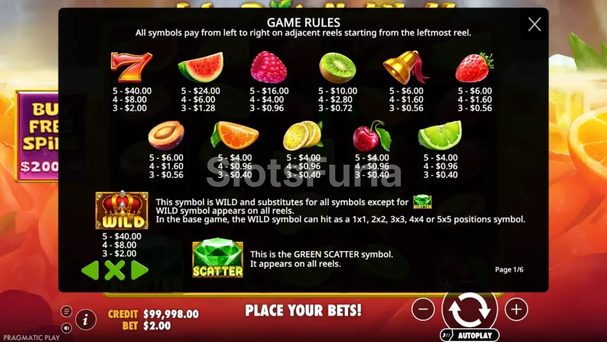 Tabla de pagos y símbolos de Juicy Fruits Multihold