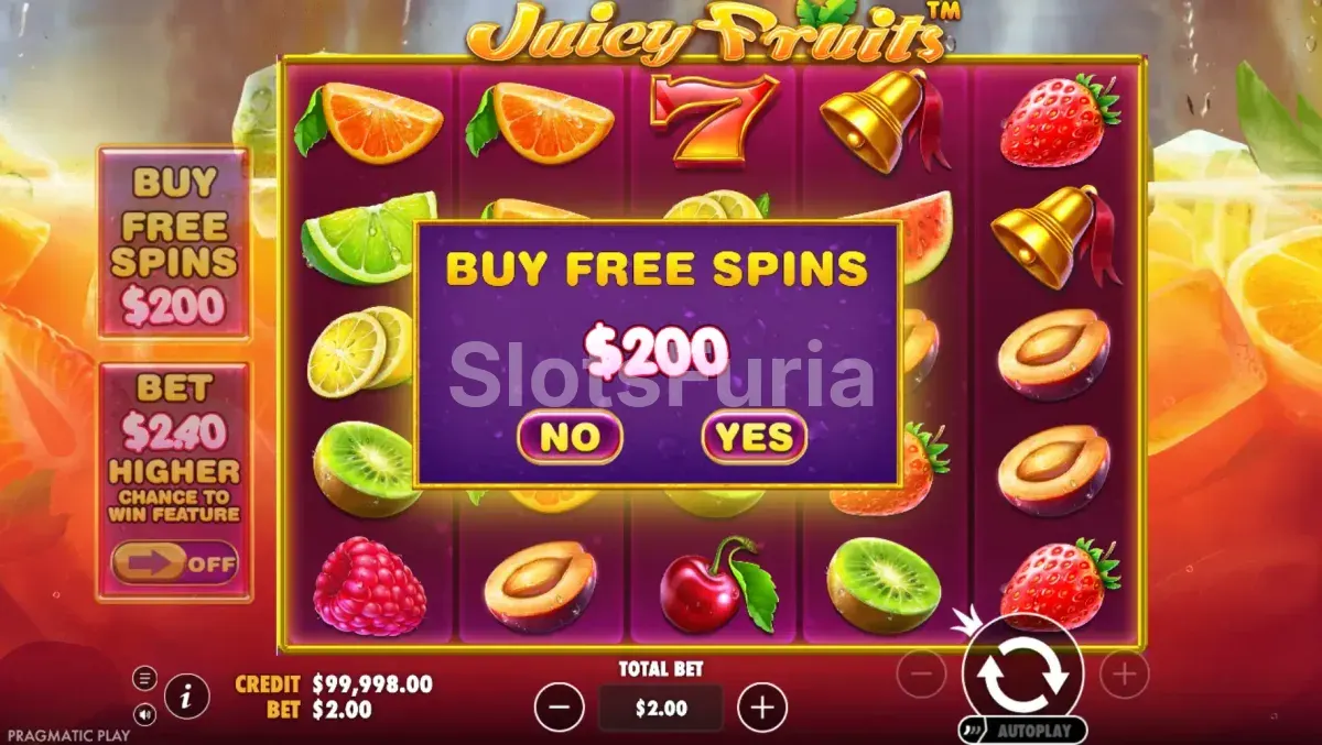Pantalla de compra de bono en Juicy Fruits de Pragmatic Play