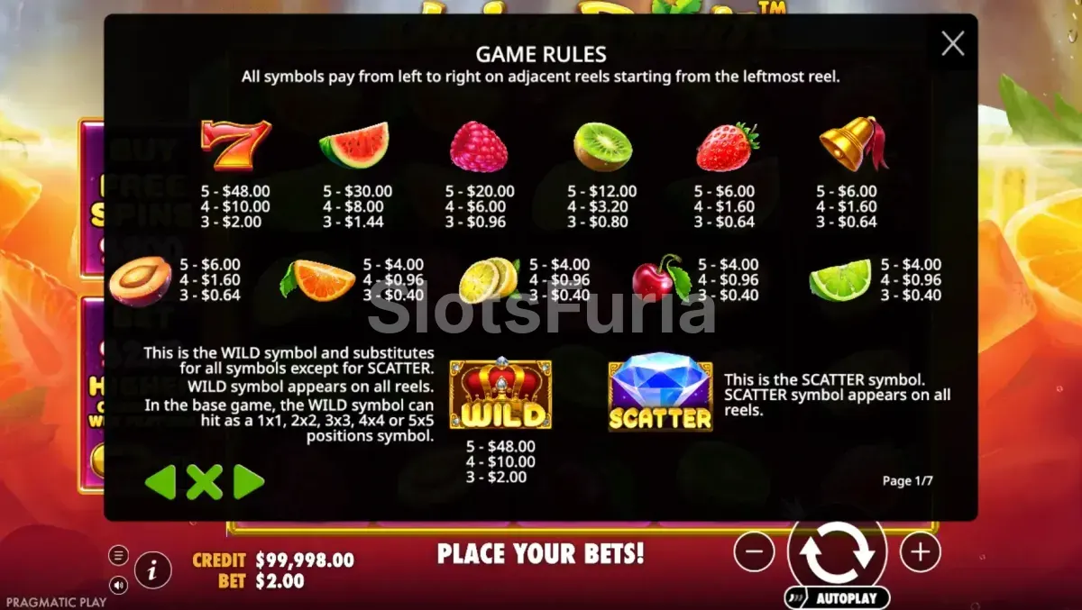 Tabla de pagos de Juicy Fruits con todos los símbolos y sus valores