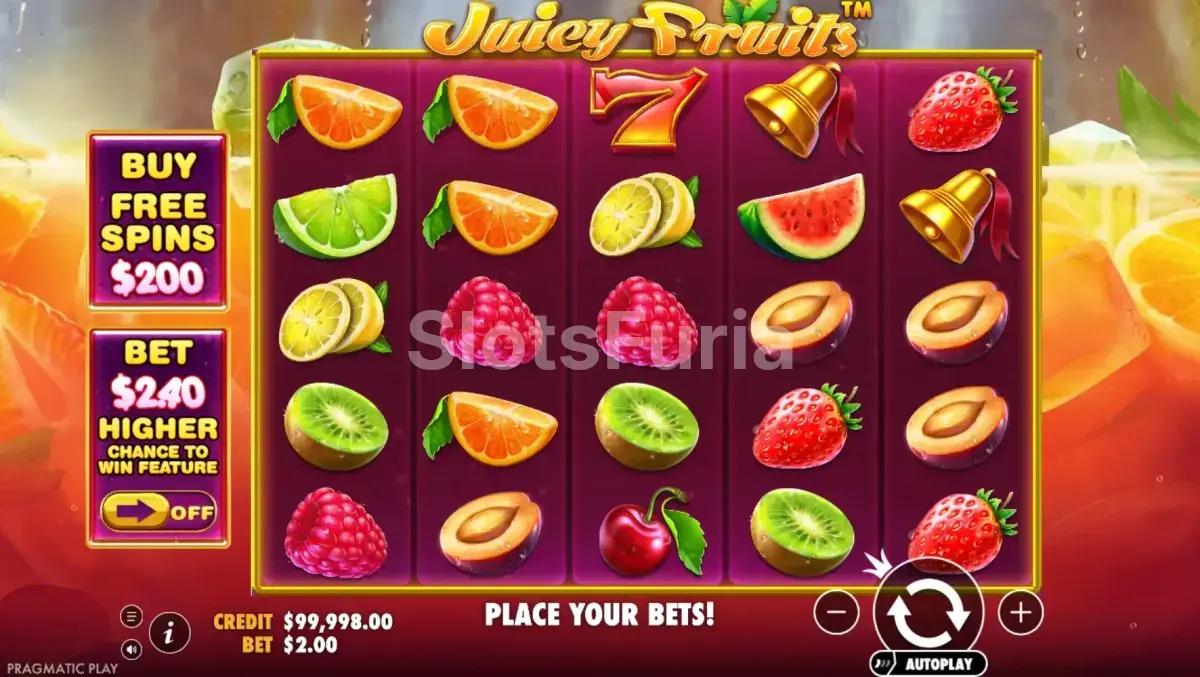 Juego base de Juicy Fruits con cuadrícula 5x5 y frutas explosivas