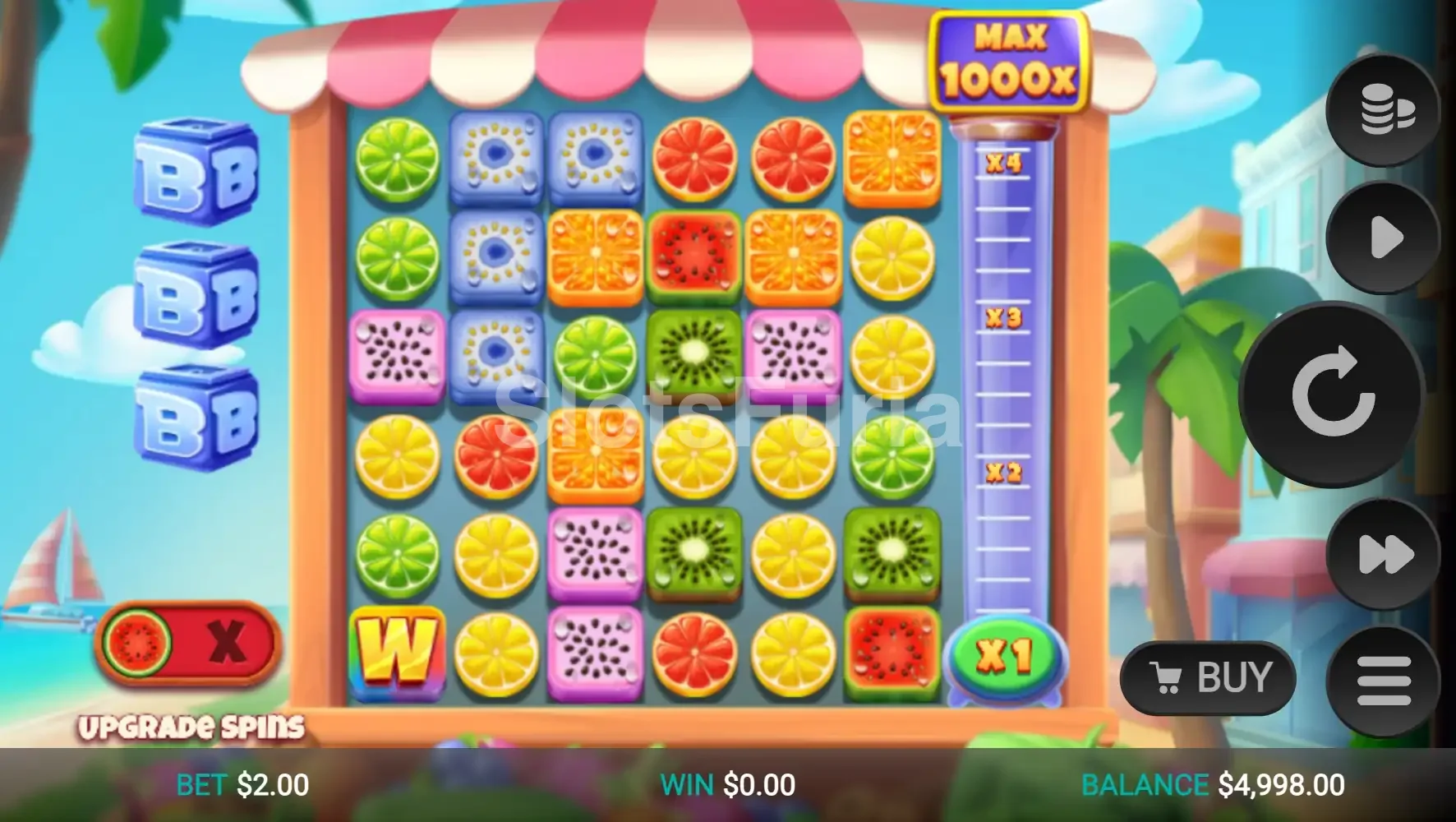 Pantalla principal de Jumbo Juicy con la cuadrícula de frutas en acción