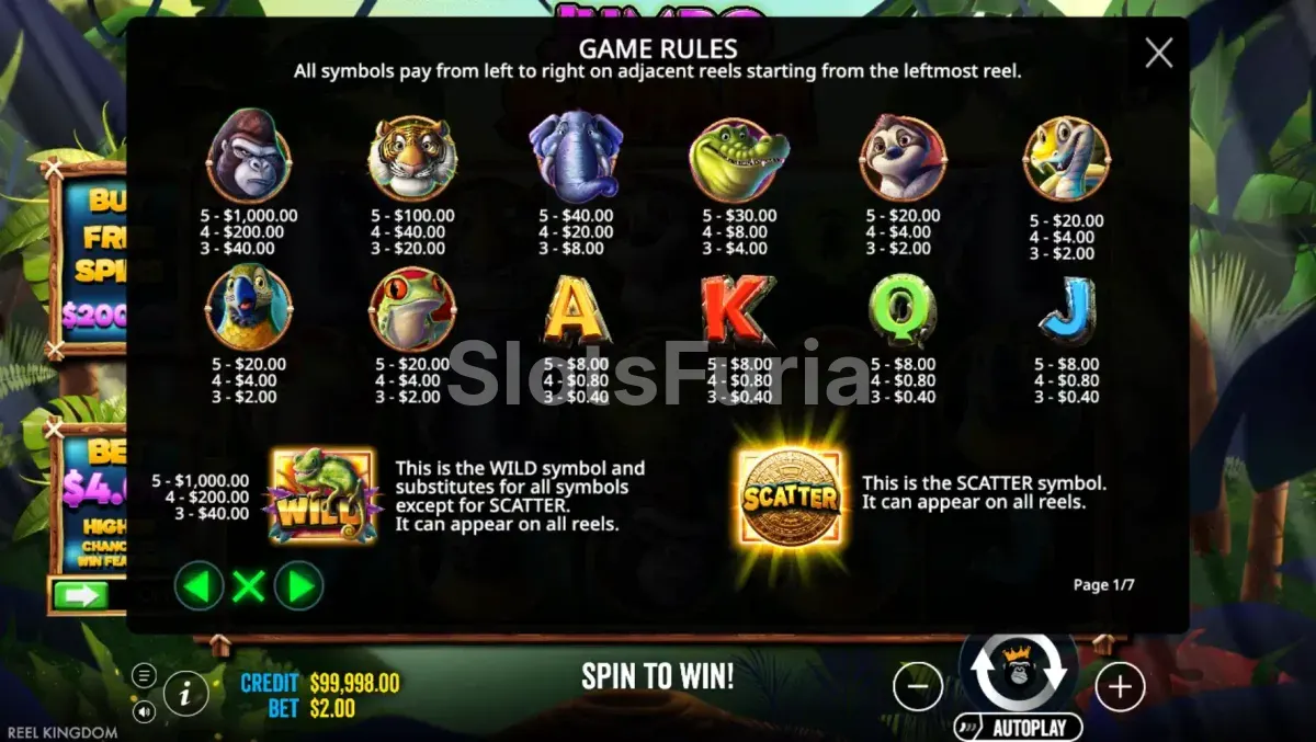 Tabla de pagos completa de Jumbo Safari por Pragmatic Play