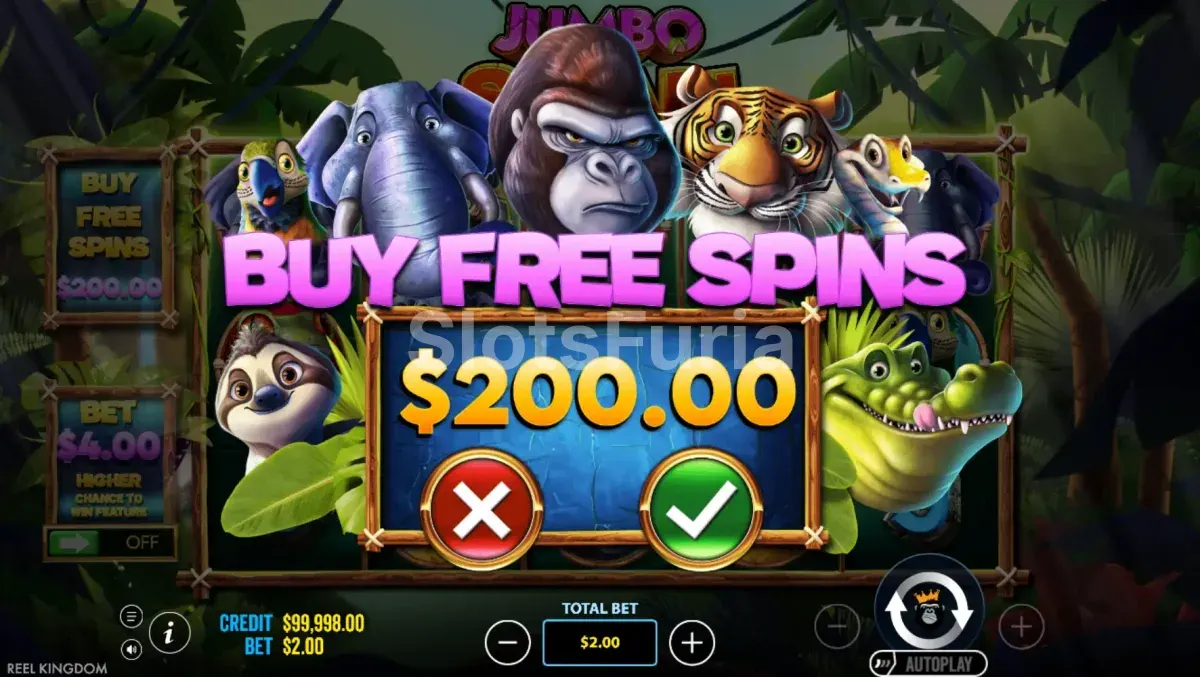 Pantalla de compra de bonus en la slot Jumbo Safari