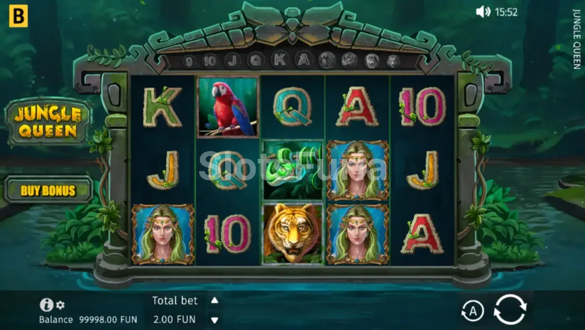 Pantalla principal de Jungle Queen con los cinco carretes en acción