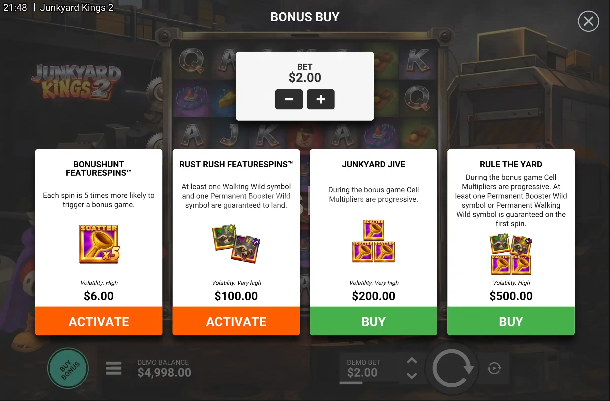 Pantalla de compra de bonus en Junkyard Kings 2