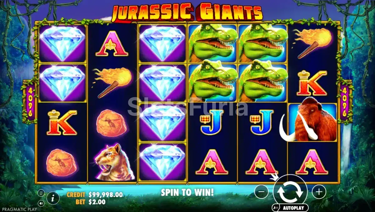 Pantalla principal de Jurassic Giants con sus seis rodillos en plena acción