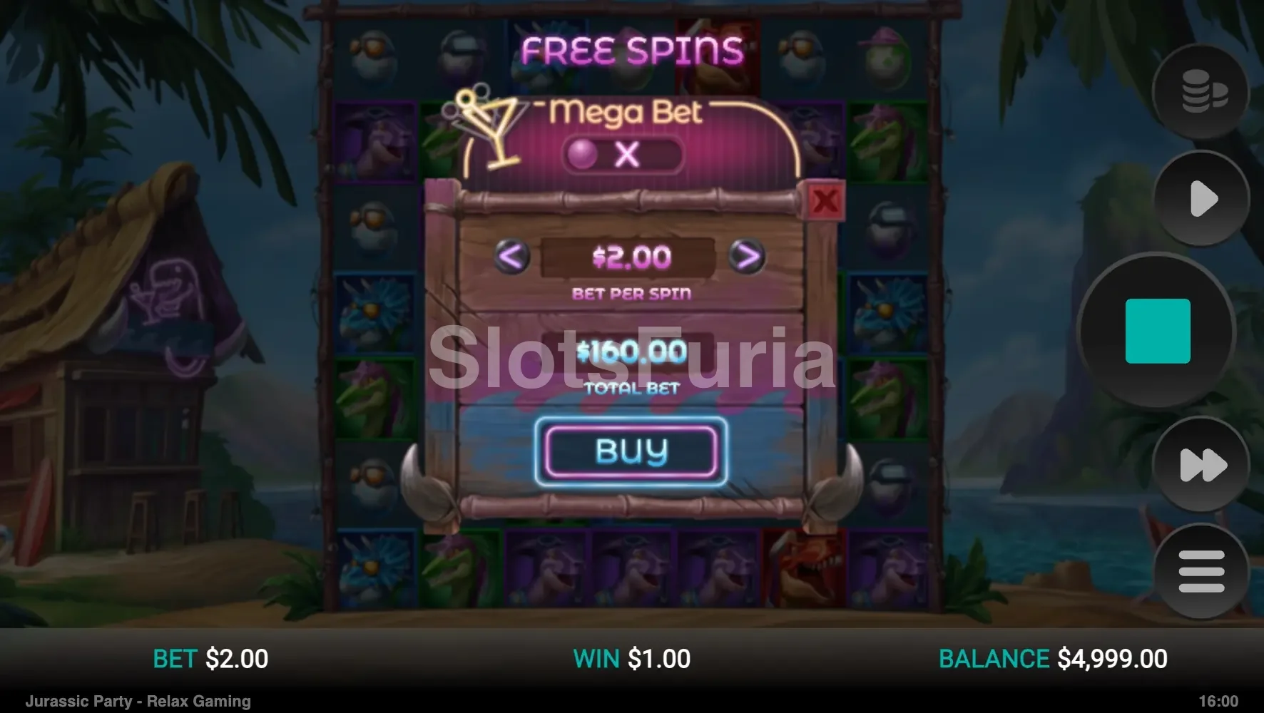 Pantalla de compra de bonus en Jurassic Party de Relax Gaming