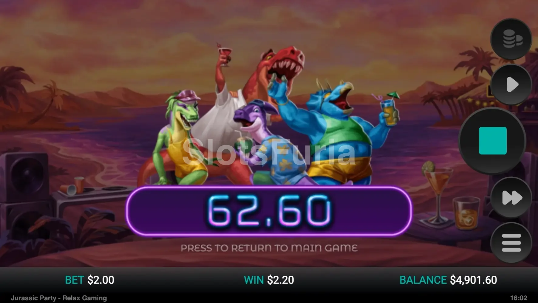 Gran victoria en Jurassic Party mostrando el multiplicador máximo