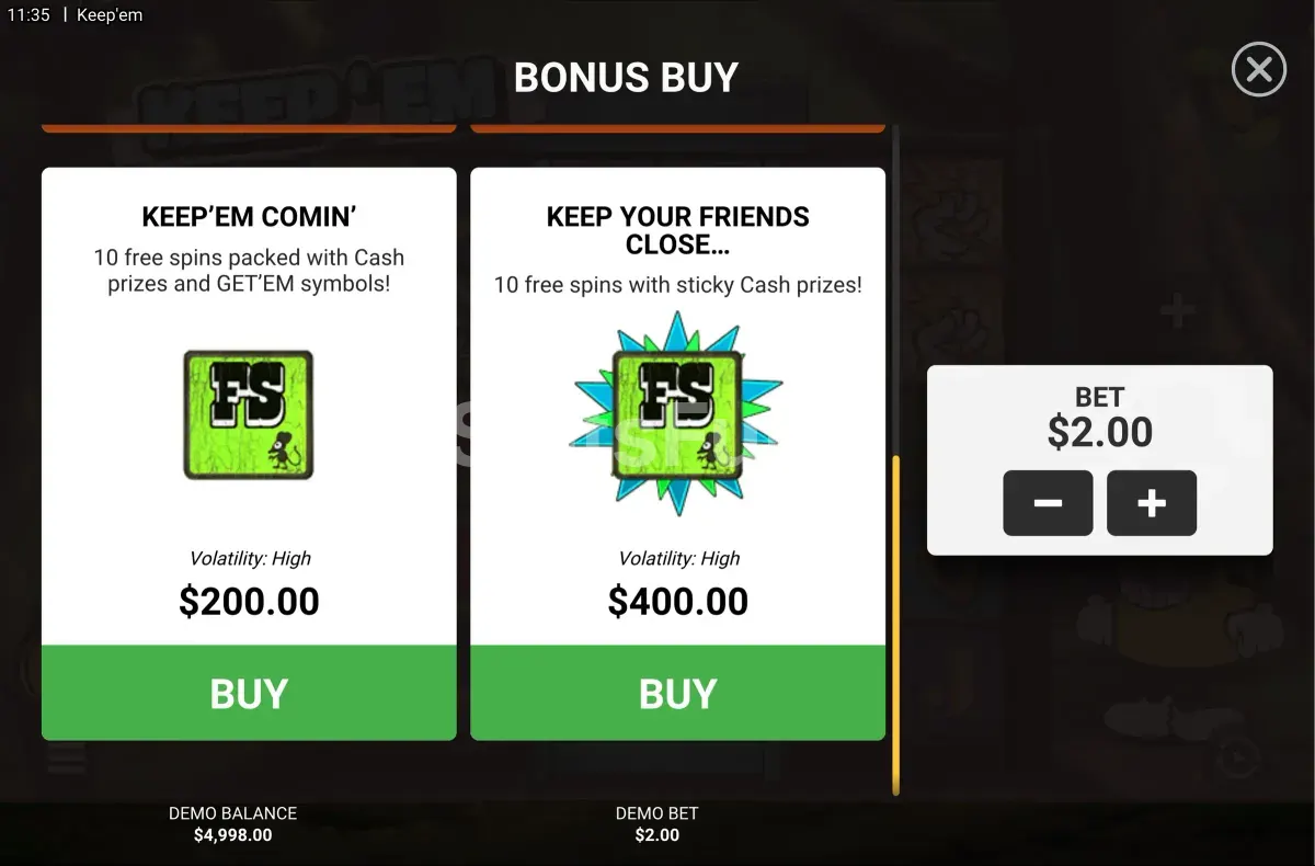 Pantalla de compra de bonus en la tragamoneda Keep 'Em