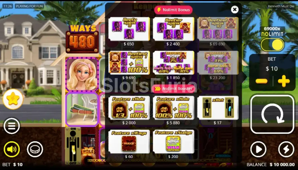 Pantalla de compra de bonos de Kenneth Must Die con las opciones disponibles