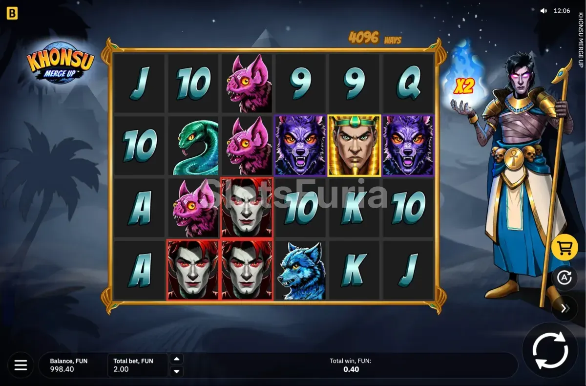 Juego base de Khonsu Merge Up con la grilla de 6 rodillos y 4 filas