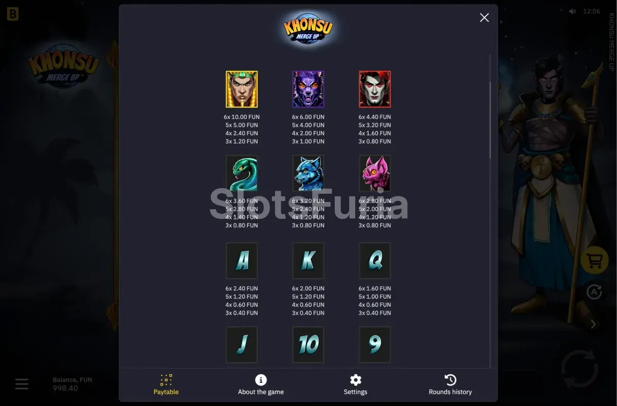 Tabla de pagos de Khonsu Merge Up con los niveles de símbolos