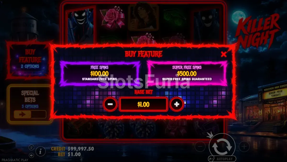 Panel de compra de bono de Killer Night con las opciones disponibles