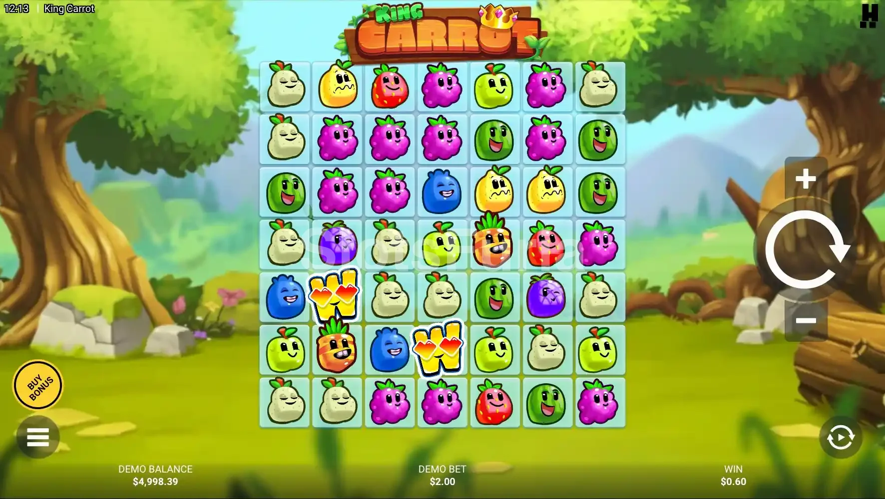 Pantalla principal de King Carrot con cuadrícula 7x7