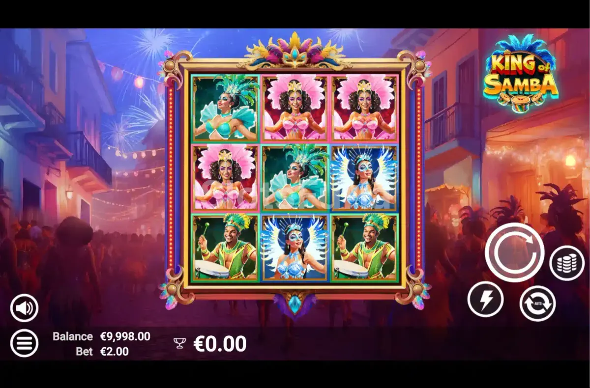 Pantalla principal de King of Samba con los símbolos del juego en plena acción
