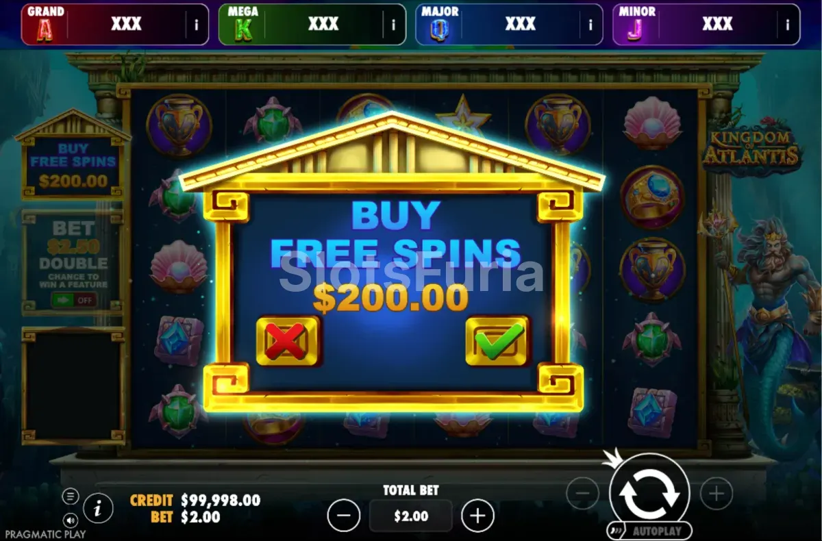 Pantalla de compra de bonus de Kingdom of Atlantis por 100x la apuesta