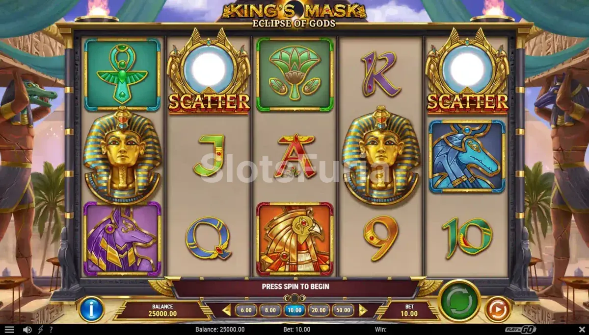 Pantalla principal de King's Mask Eclipse of Gods con los rodillos egipcios en acción