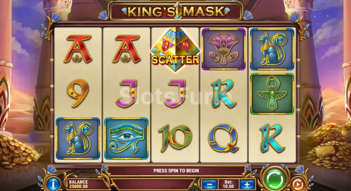 Pantalla principal del juego King's Mask con los cinco carretes activos
