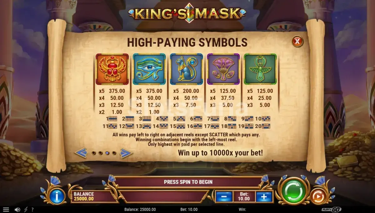 Tabla de pagos completa de King's Mask con valores de cada símbolo