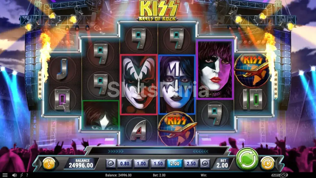Vista detallada del juego base de Kiss Reels of Rock con símbolos de la banda