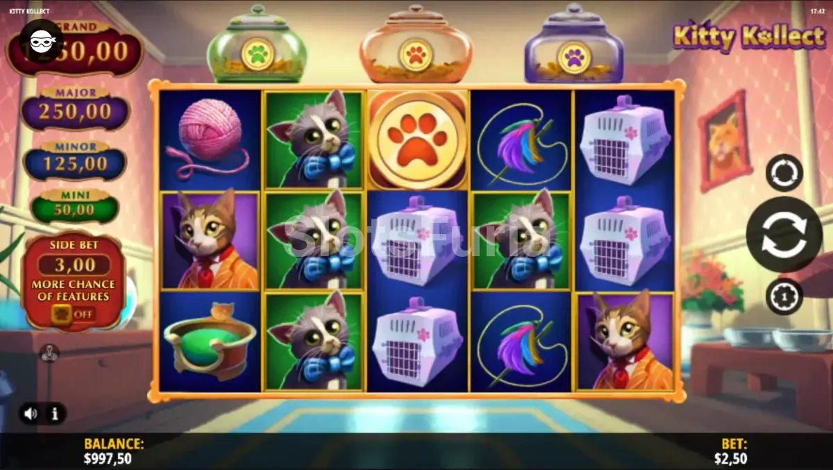Pantalla principal del juego Kitty Kollect con sus cinco rodillos